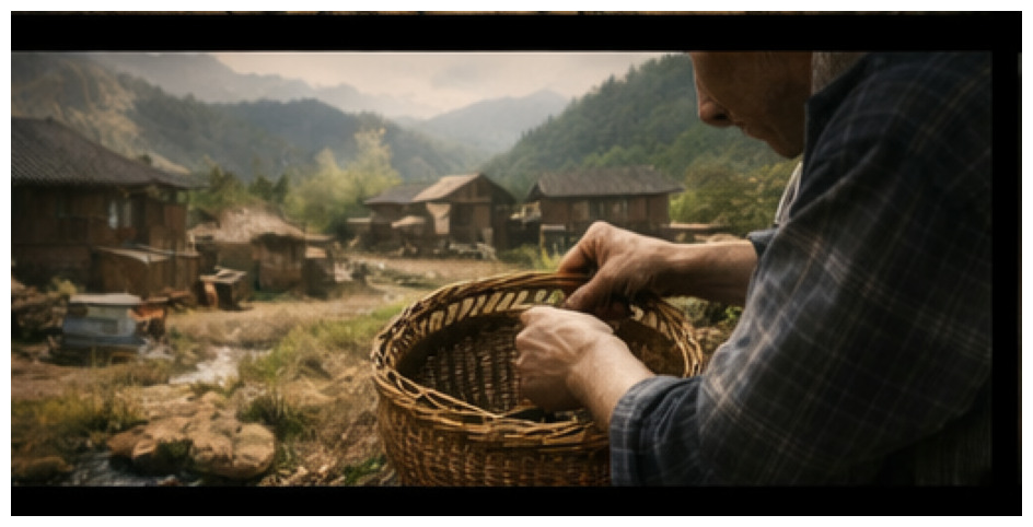 生き残りの現在を示す現代の山村と竹細工の手元のイメージ