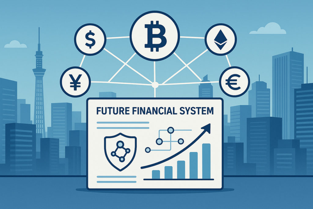 ビット コイン 2026 年 予想と2050年の未来金融システムを表すデジタル通貨ネットワークのイラスト