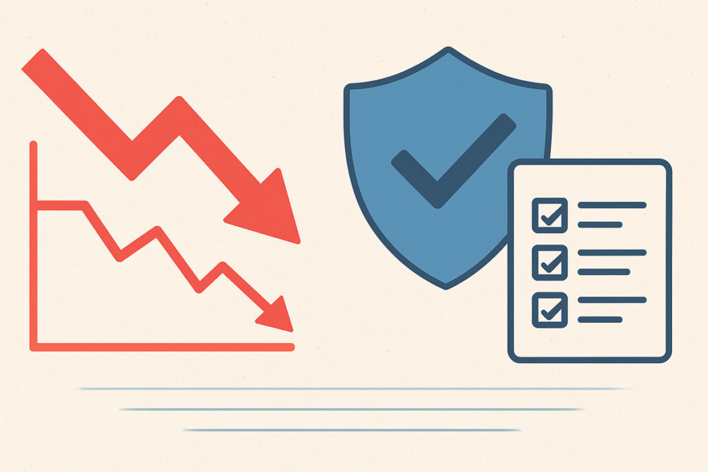 ビット コイン 2026 年 予想に関連する暴落リスクと回避策を示すグラフと盾アイコンのイメージ