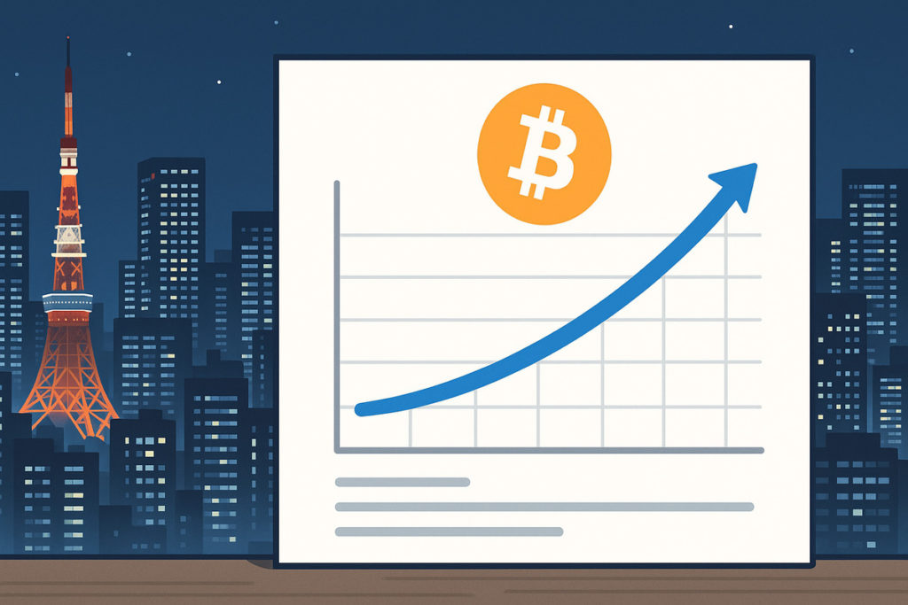 ビット コイン 2026 年 予想と長期的展望を示す上昇曲線グラフと東京の夜景イメージ