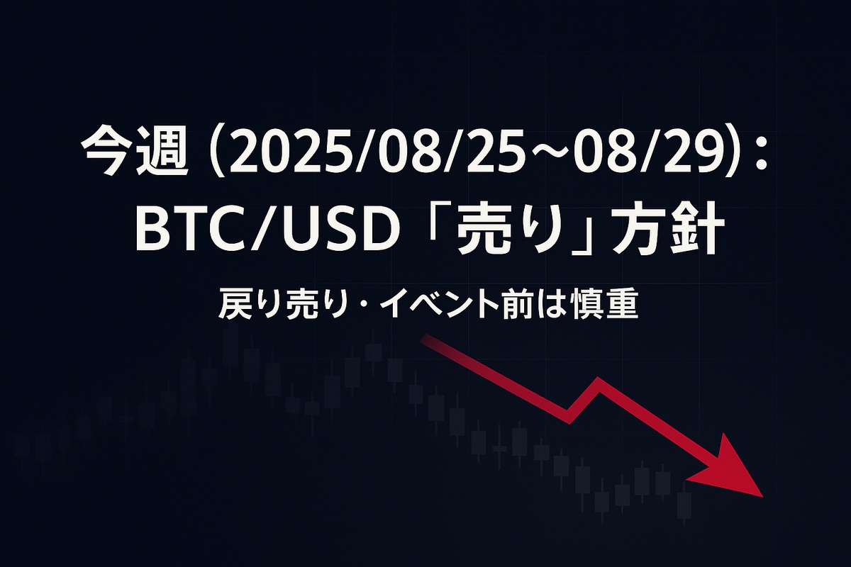 今週（2025/08/25–08/29）：BTC/USD「売り」方針のヘッダー画像。赤い下降矢印とダークなチャート背景のミニマルデザイン。