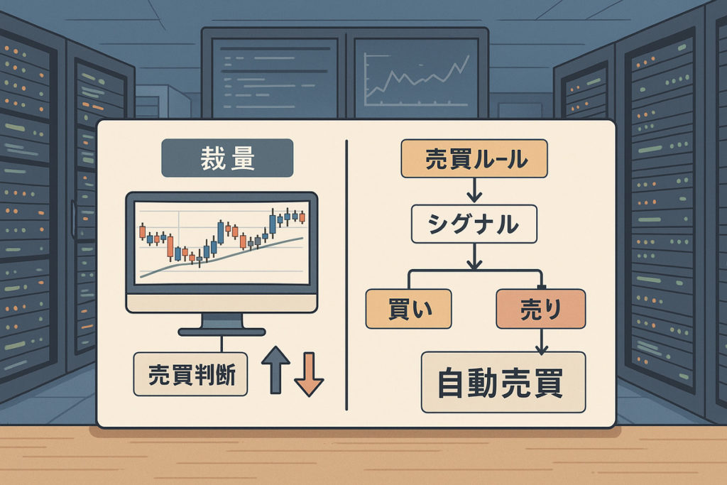 裁量取引と自動売買を組み合わせたハイブリッド運用で押し目・戻り売りを効率化するフローチャート図解