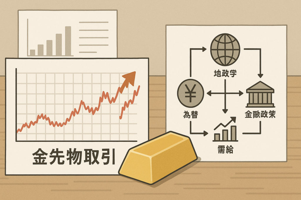 先物取引の怖さを理解するための金先物取引の価格チャートと、地政学・為替・金融政策・需給の影響を示す図解