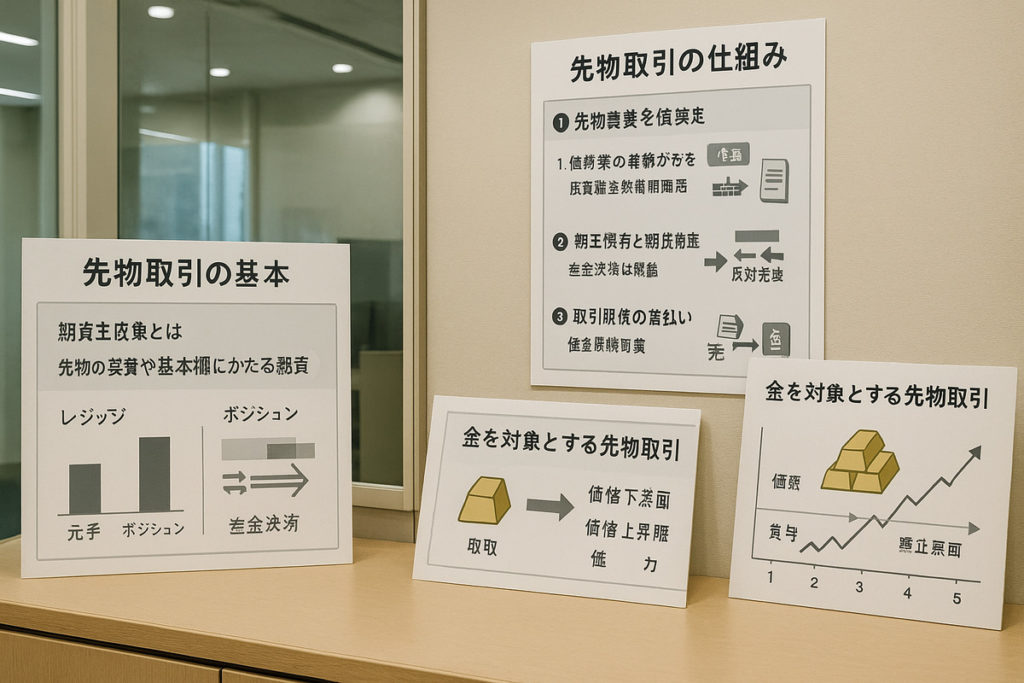 先物取引の怖さを理解するための基本的な仕組みや金先物取引の価格変動要因を示す日本語の解説パネル