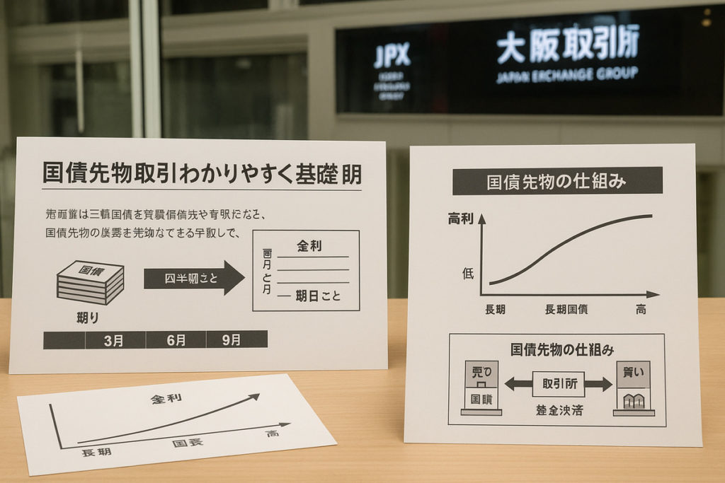 先物取引の怖さを理解するための国債先物取引の仕組みや金利曲線を示す日本語の図解資料