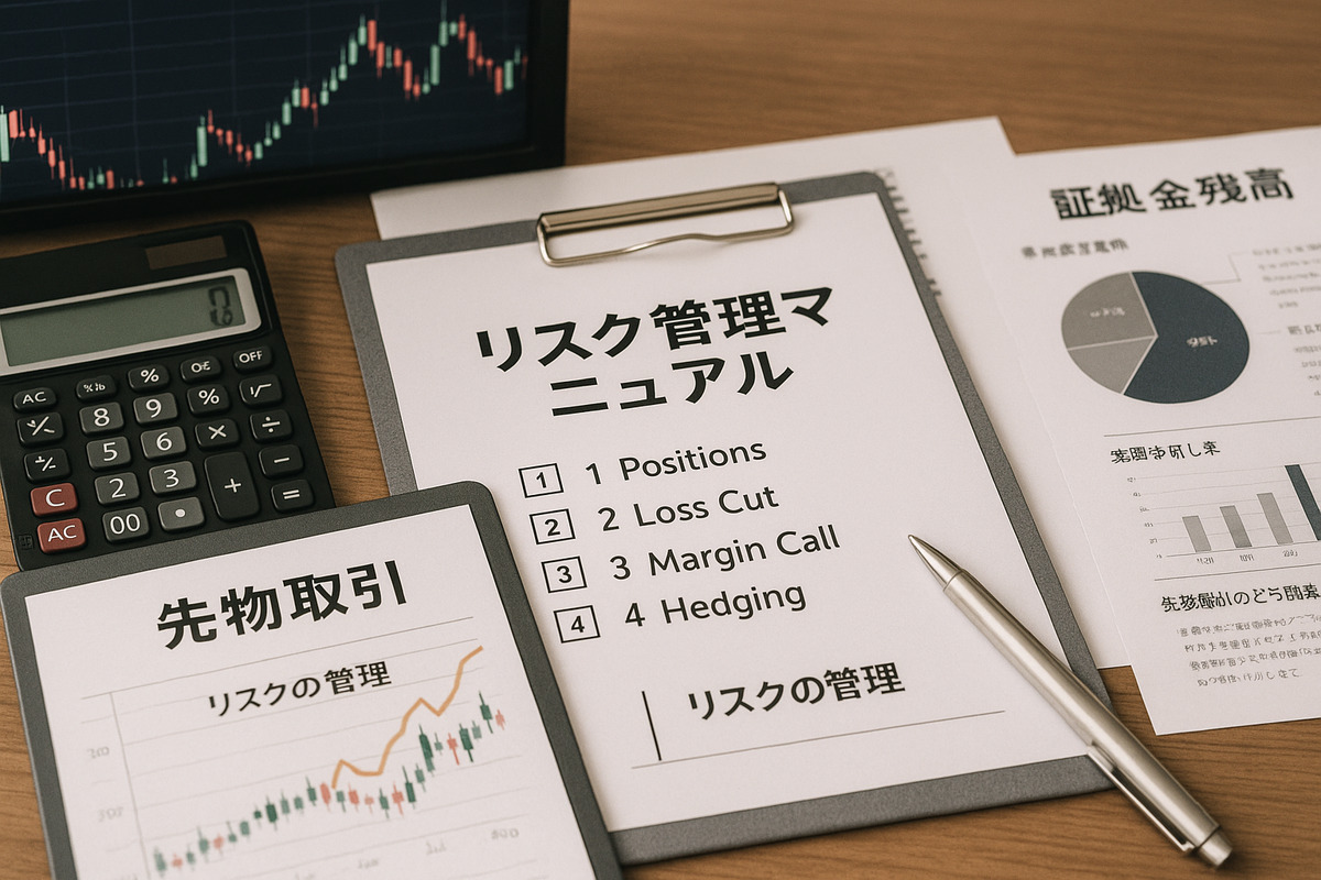 先物取引の怖さを理解し失敗を防ぐためのリスク管理マニュアルと価格チャート、証券口座資料が並ぶデスク風景