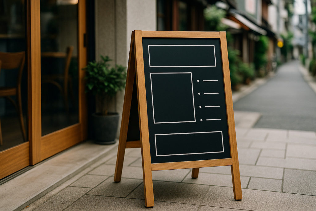 日本のカフェ前に置かれたおしゃれな手書き看板のレイアウト例｜手書き看板のコツを視覚的に紹介