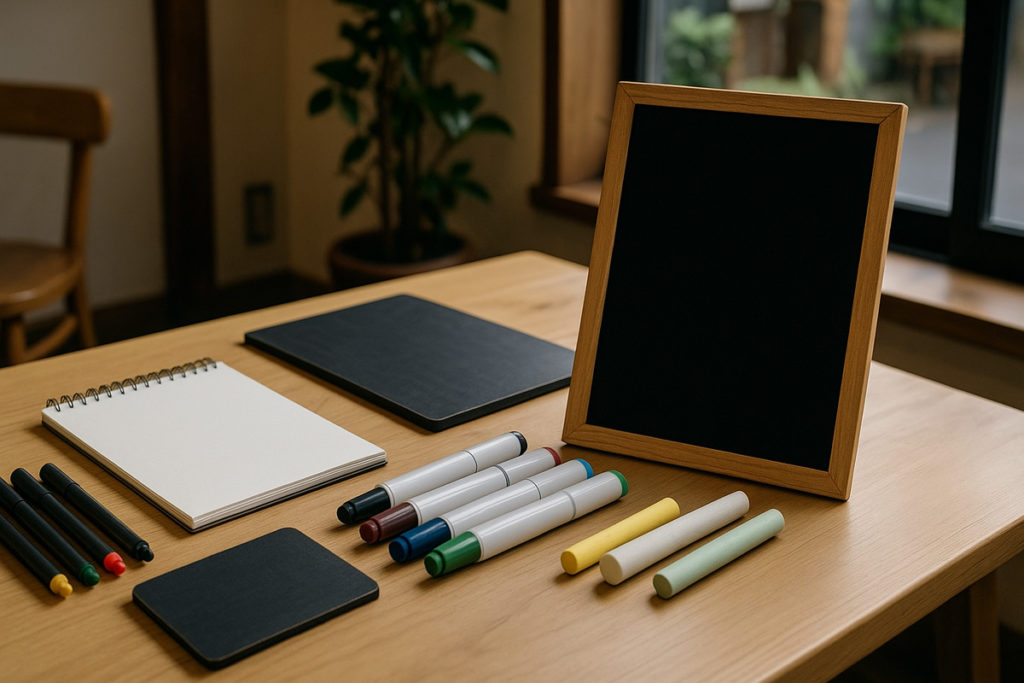 手書き看板の道具を揃えた日本の作業机｜手書き看板のコツを基礎から学ぶための素材
