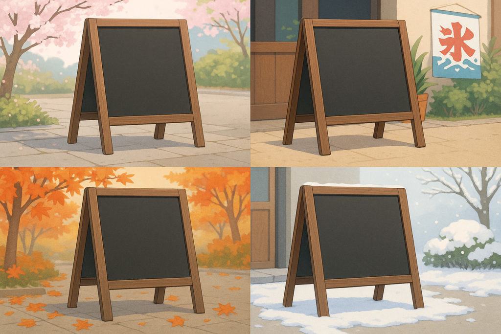 四季の背景に合わせた手書き看板の設置イメージ（春夏秋冬）