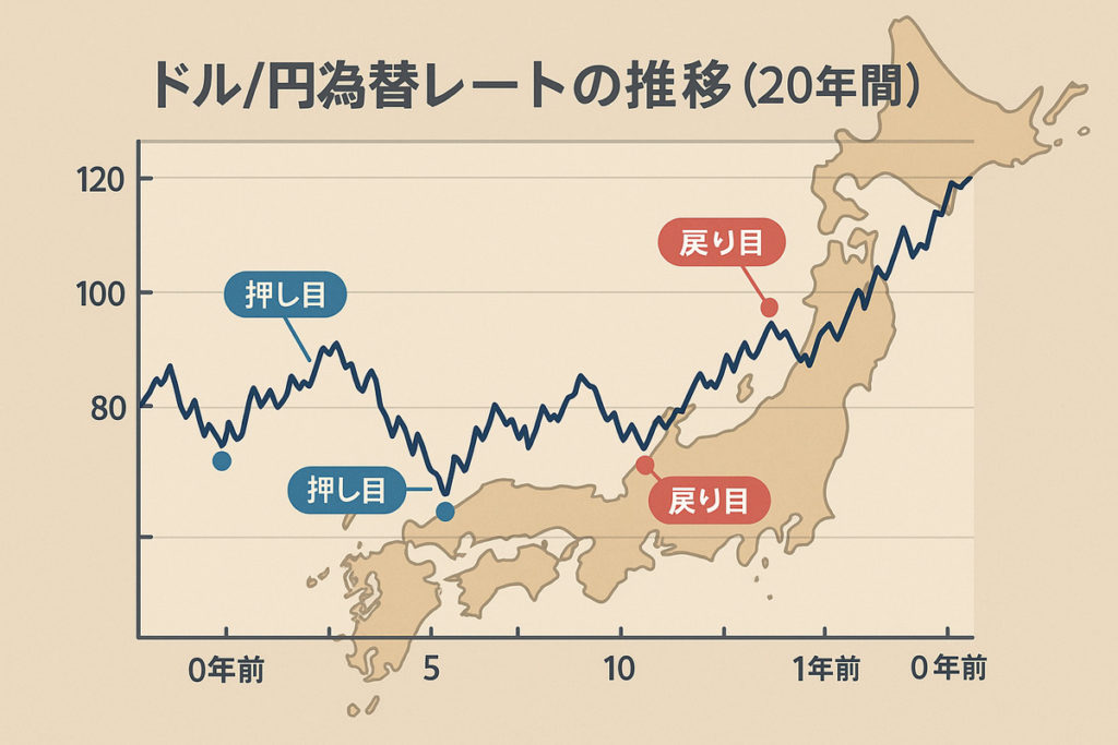 ドル円為替レートの過去20年間の推移と押し目・戻り目の成功パターンを示すヒストリカル分析チャート