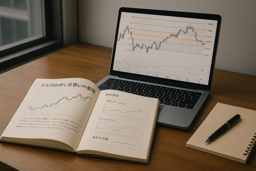 ドル円の押し目買いの基礎を解説するマニュアルとノートパソコンに表示されたフィボナッチ分析チャートのデスク風景