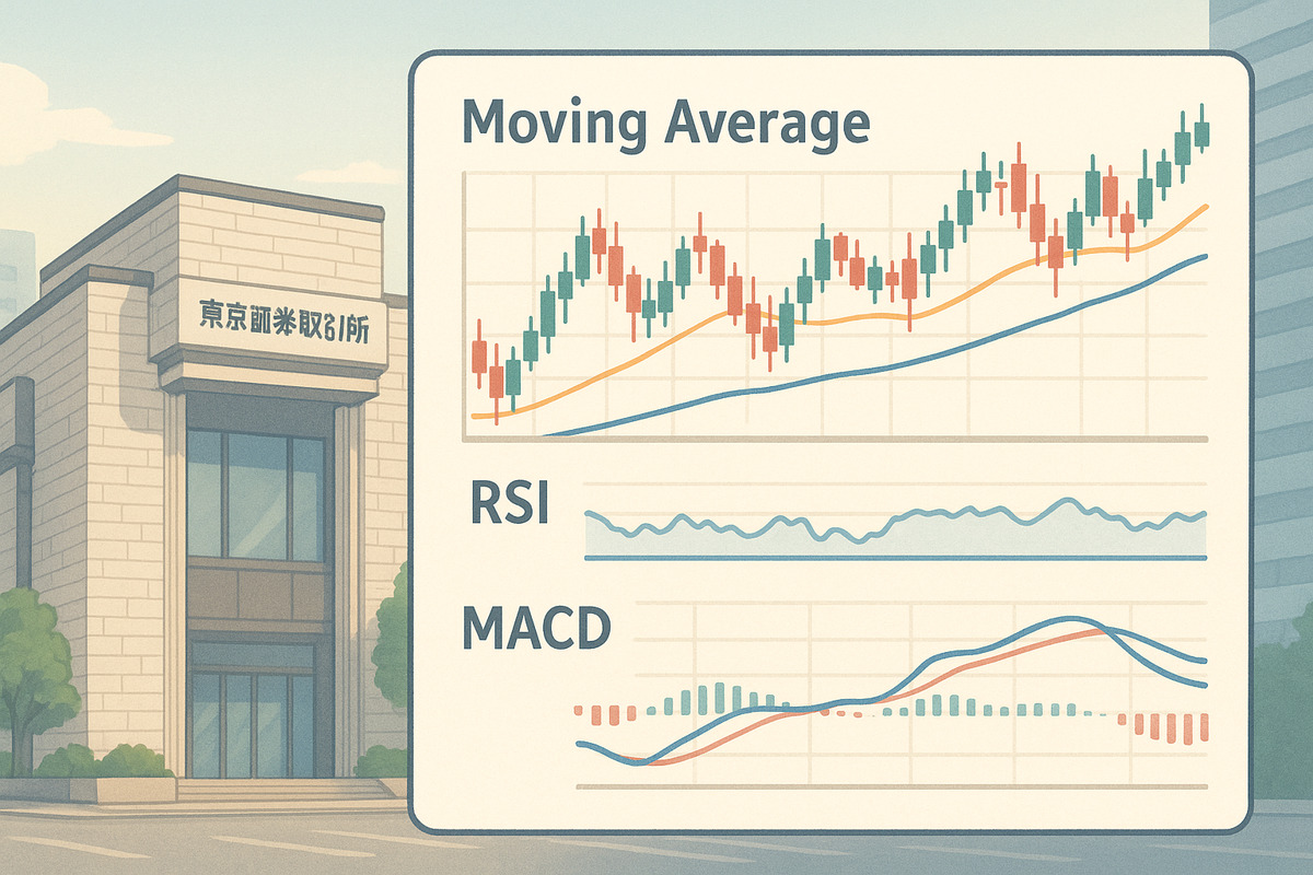 ドル円の押し目買いを解説するための東京証券取引所を背景にしたローソク足チャートと主要テクニカル指標のイラスト