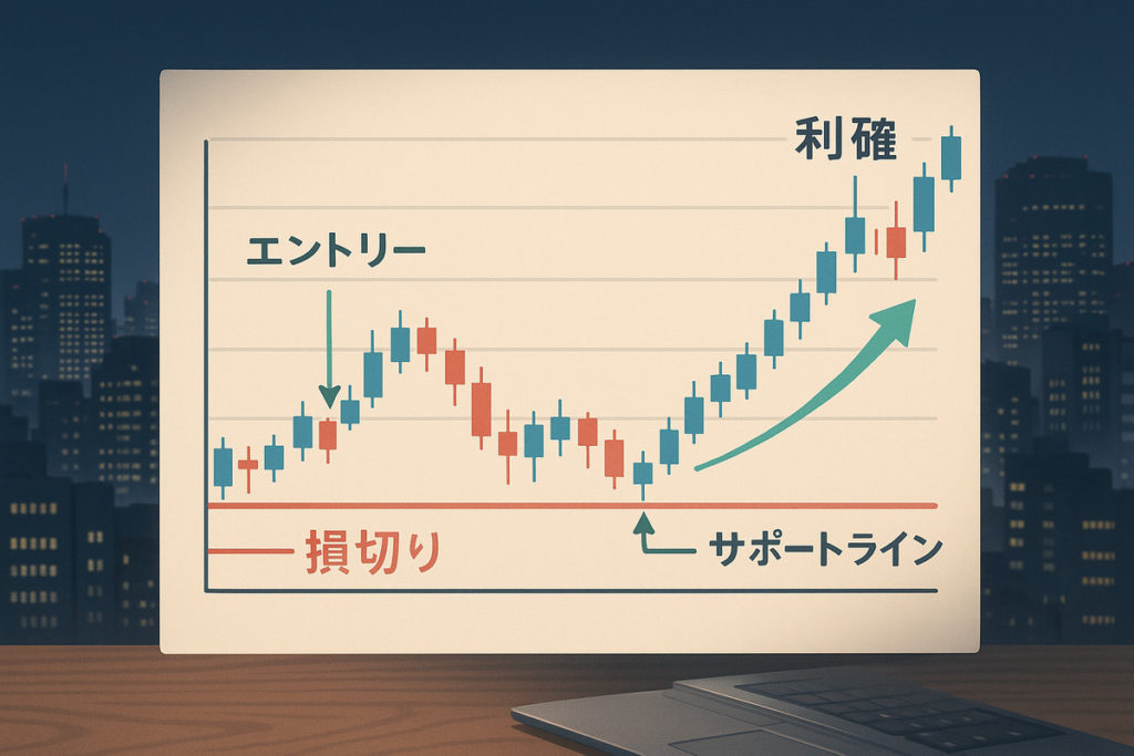 ドル円の押し目買い戦略におけるエントリー、損切り、利確ポイントを示したチャート解説図
