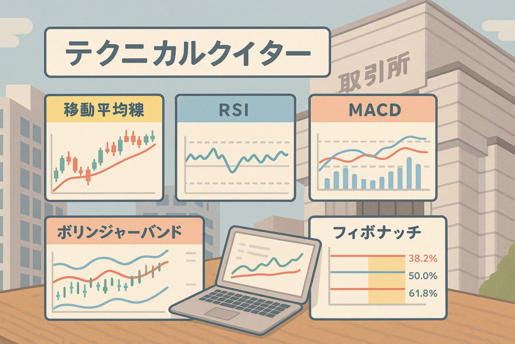 ドル円の押し目買い判断に役立つ移動平均線、RSI、MACD、ボリンジャーバンド、フィボナッチの主要テクニカル指標解説イラスト