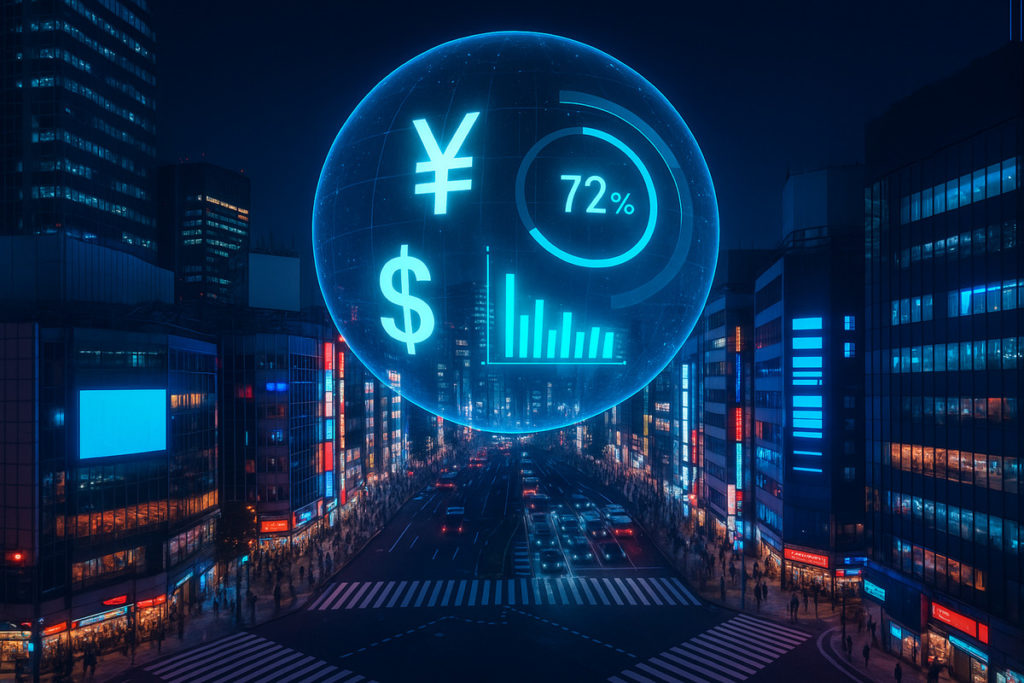 夜の渋谷スクランブル交差点上空に浮かぶホログラム球体が通貨シンボルと確率を示すFX AI分析のイメージ