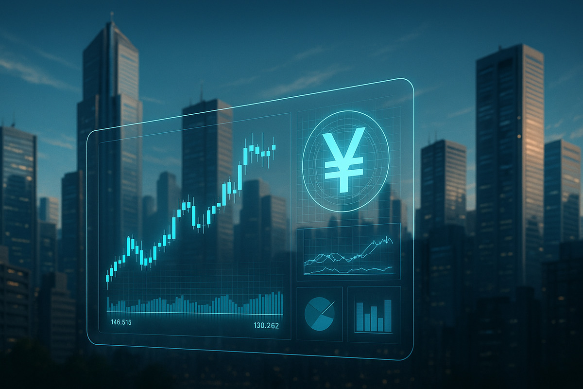 未来都市の金融街を背景に、ホログラムで表示される為替チャートと円マークを描いたFX AI分析のイメージ