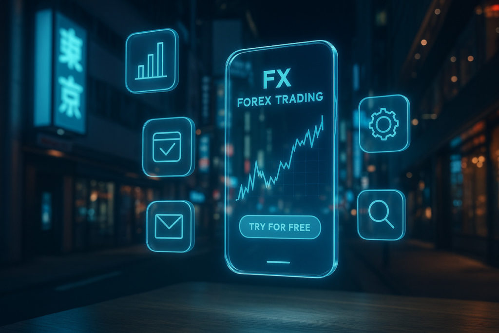 近未来の日本の街角に浮かぶ透明なスマホ型デバイスとアプリアイコン風ホログラムが輝くFX AI分析のイメージ