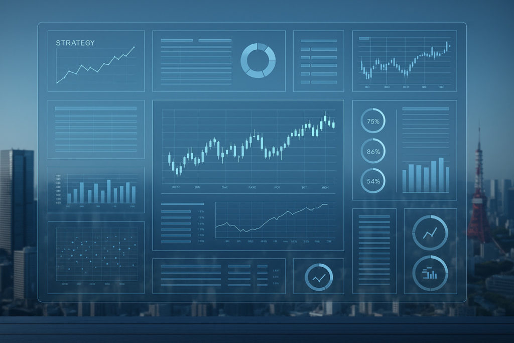東京の高層ビル街を背景に、空中に浮かぶデータパネルや指標が整理されたFX AI分析の実践知識イメージ