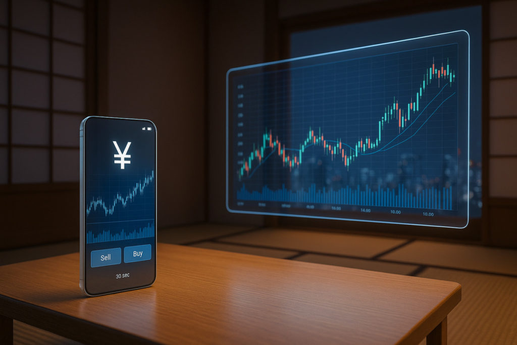 未来的な和室で透明なスマホ型デバイスと大型ホログラムディスプレイが並ぶFX AI分析の環境比較イメージ
