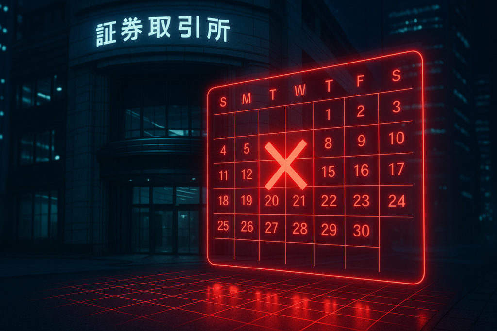 夜の日本の証券取引所を背景に、警告を示すホログラムカレンダーが浮かぶFX AI分析の注意イメージ