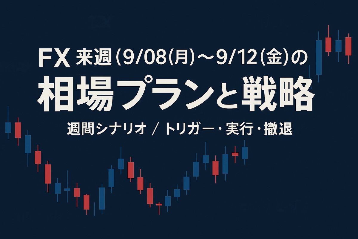 FX 来週（9/08(月)〜9/12(金)）の相場プランと戦略 — 週次シナリオ／トリガー・実行・撤退を示すバナー（ローソク足背景）
