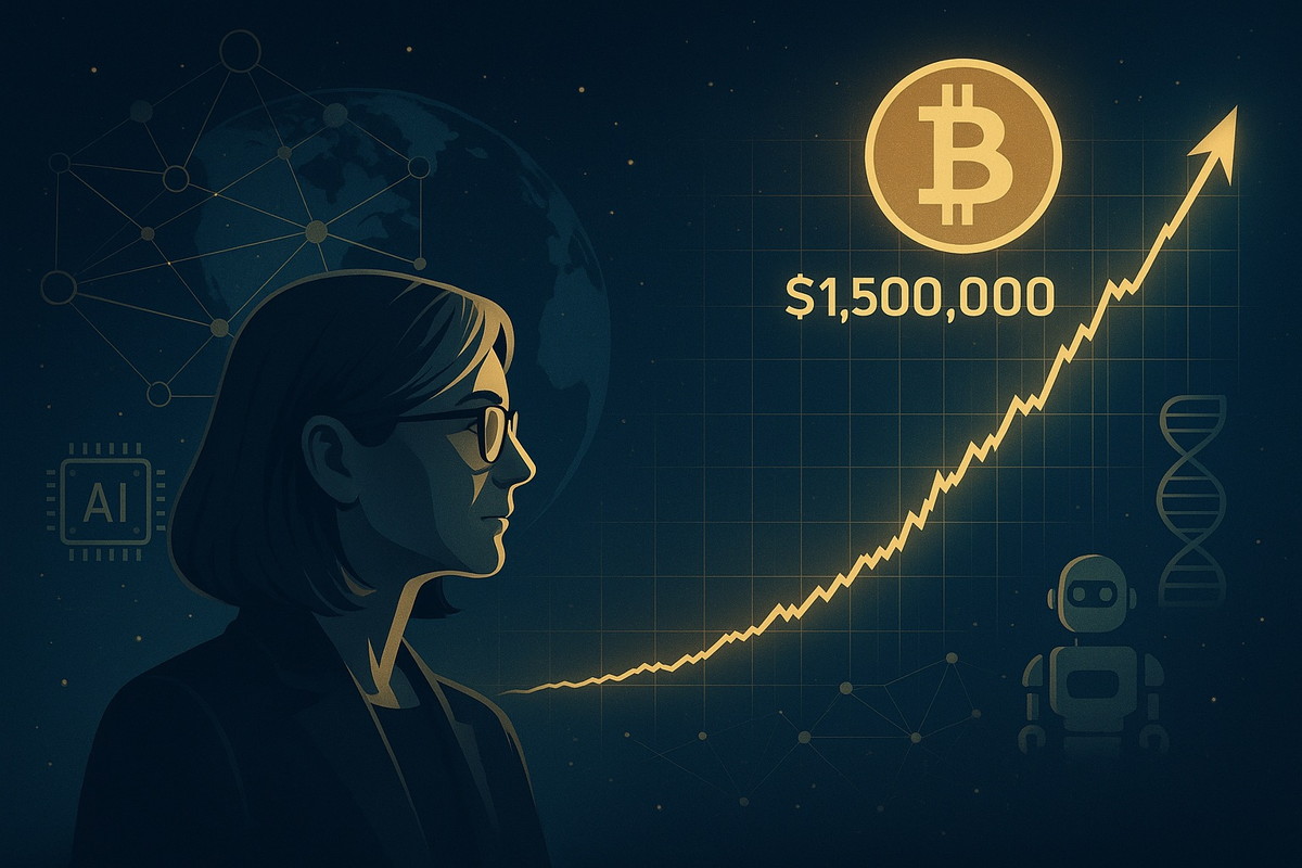 ビットコイン150万ドルの根拠：【要約】キャシー・ウッド最新インタビューをイメージした、女性投資家と右肩上がりのビットコインチャートの近未来的アイキャッチ画像
