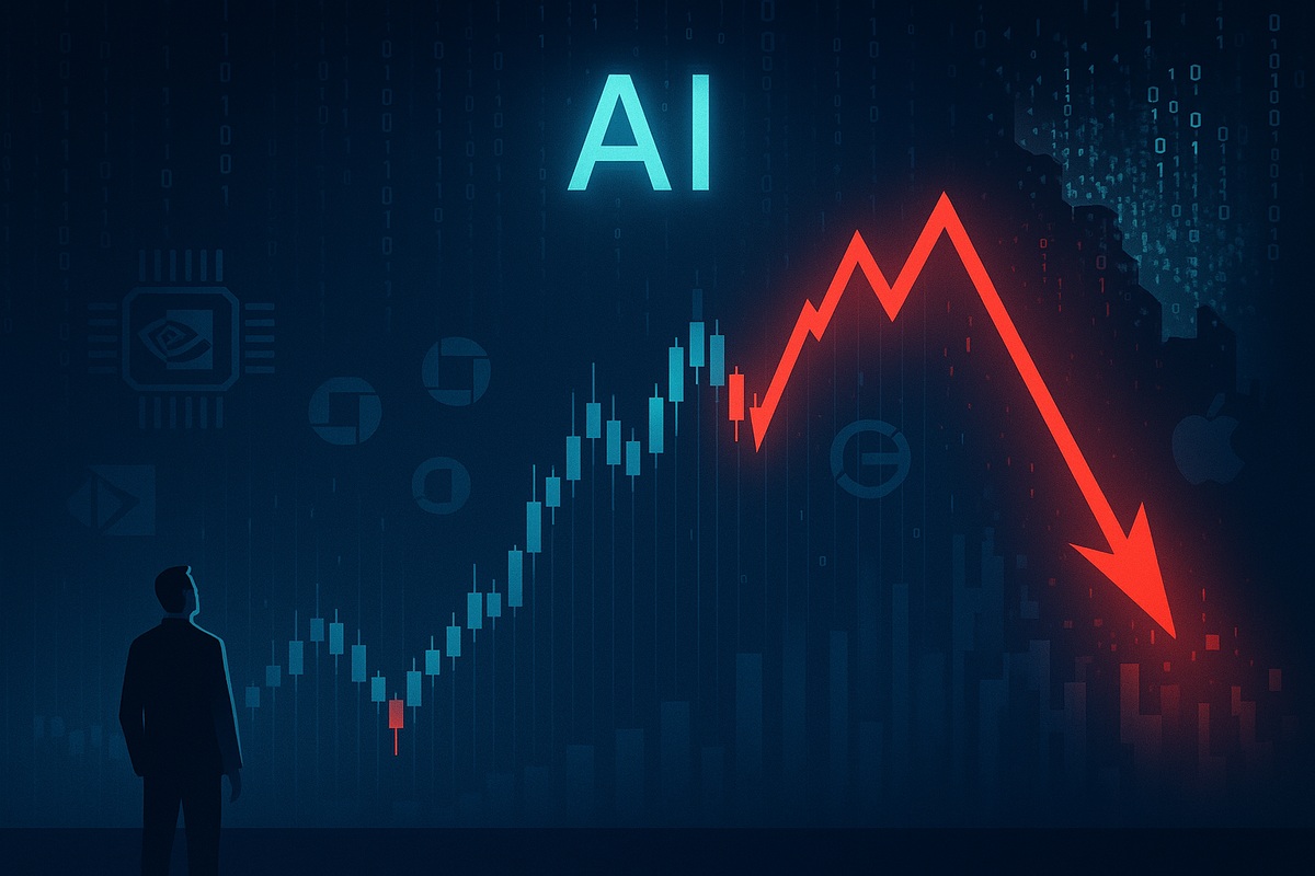 【要約】一生に一度の大暴落が近い？Mark Tilburyが語るAI市場の3つの異常をイメージした、AIバブル崩壊を示す急落チャートと男性投資家シルエットの横長16:9アイキャッチ画像