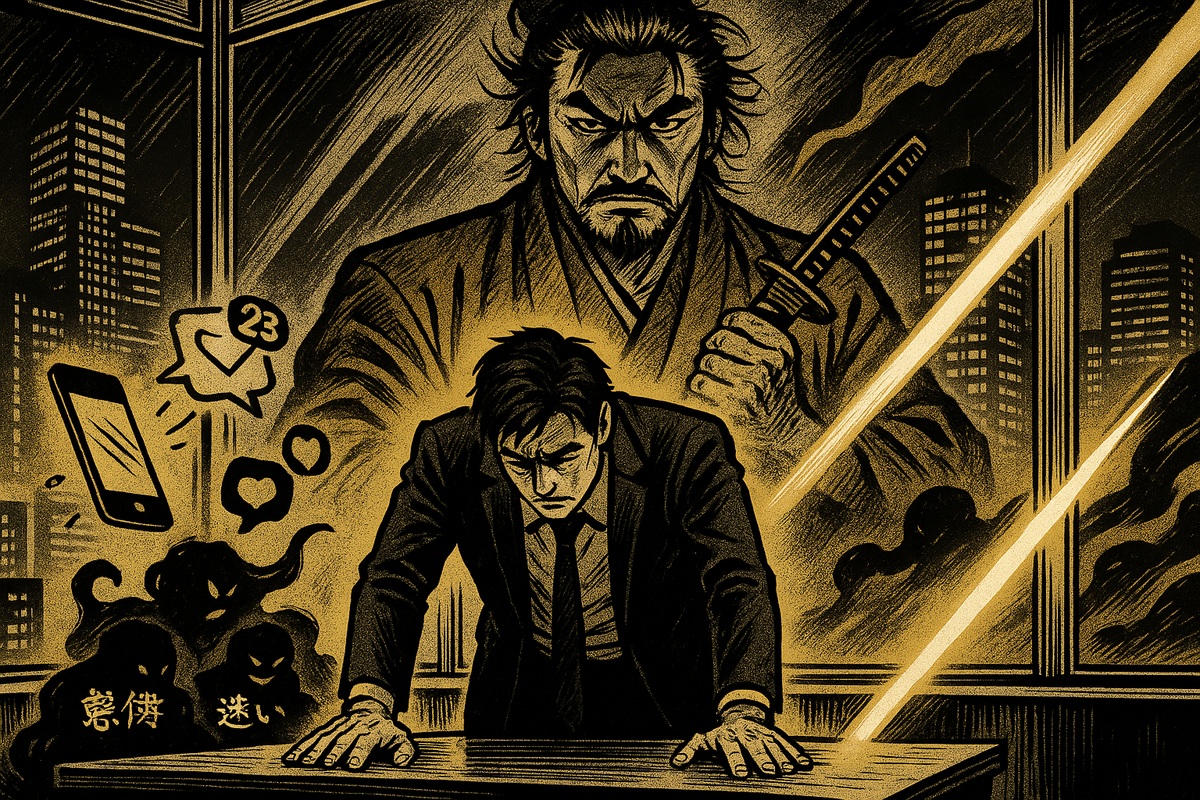 「真の敵は自分の中にいる」─宮本武蔵の哲学を現代の仕事と人生にフル活用する方法をイメージした、劇画タッチのビジネスマンと侍のアイキャッチ画像