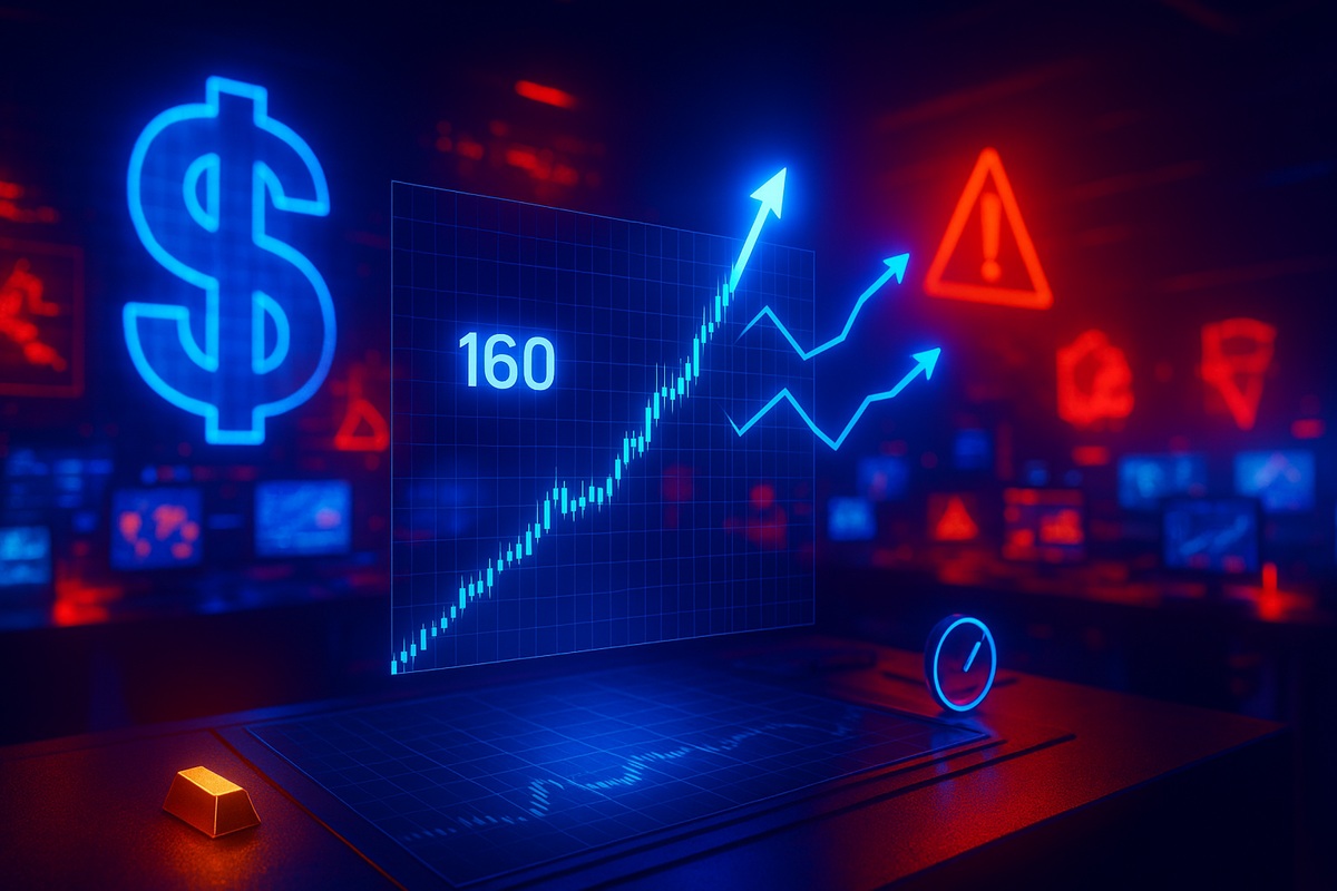 ドル円が160付近で伸び切り、3つのシナリオに分岐する未来を示したホログラムチャートのアイキャッチ画像