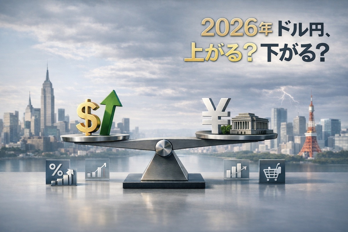 2026年のドル円見通しを象徴する天秤のアイキャッチ。米ドルと米国債利回り上昇、日本円と日銀、金利差・CPI・政治リスクを示すアイコンと東京・ニューヨークの背景。
