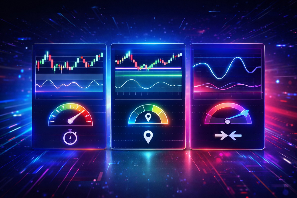 RSI・ウィリアムズ%R・CCIの違いを比較するFXオシレーター図解（ローソク足と波形で買われすぎのズレを表現）