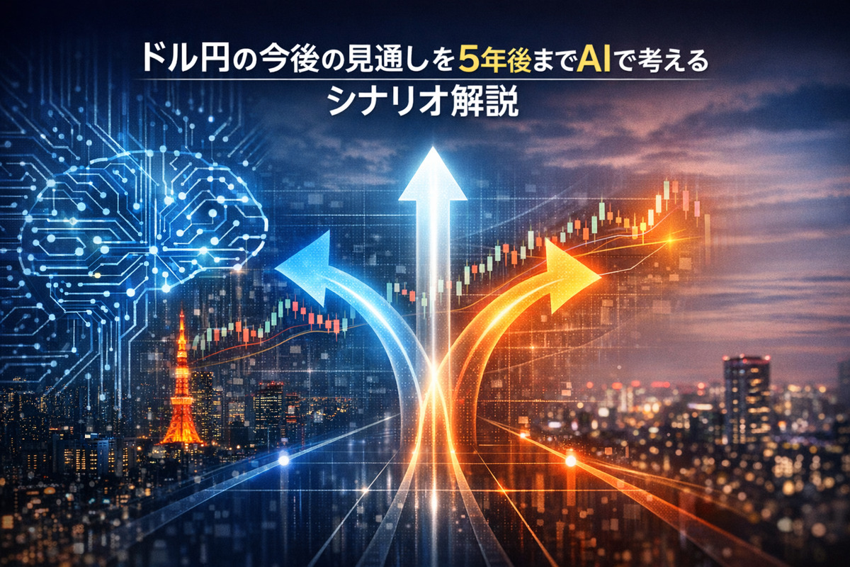 ドル円 今後の見通し 5年後 AIをシナリオ分岐で示すイメージ。AI回路とUSD/JPYチャート、東京夜景を重ねた分析ビジュアル