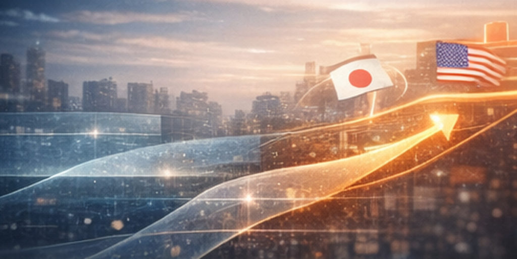 ドル円の今後の見通しを3年後の視点で読み解くイメージ。現在から未来へ伸びるタイムラインとUSD/JPYチャート、分岐点のマイルストーンを配置した横長ビジュアル