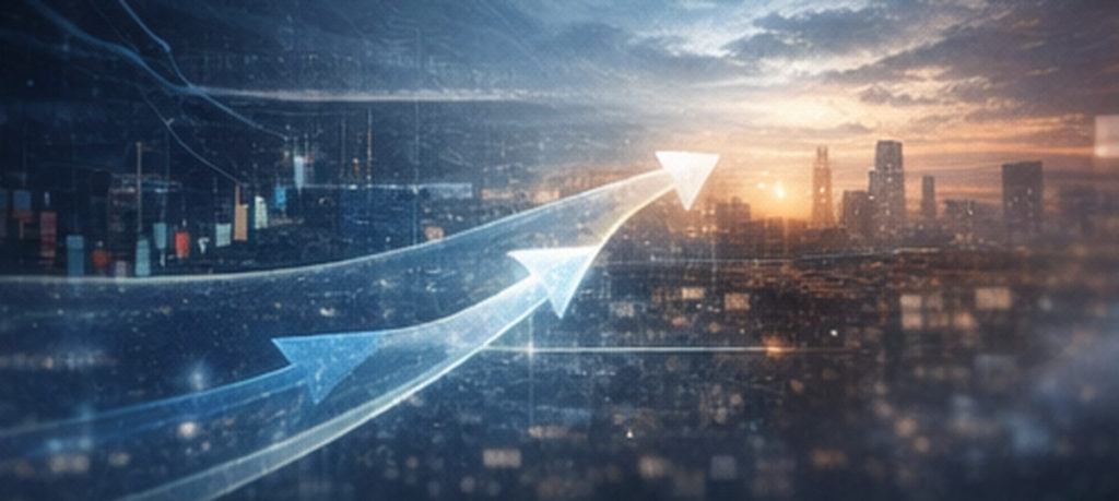 ドル円 今後の見通し 5年後 AIに備えるイメージ。AI分析画面とリスク管理の盾、分散を示す複数資産のアイコンを配置した横長ビジュアル