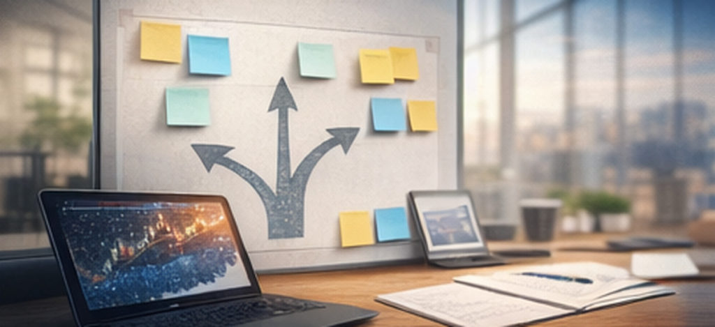 ドル円の今後の見通しを5年後まで最新情報で整理するイメージ。カテゴリ別カードとタブレットのUSD/JPYチャートで要因を分類した横長ビジュアル