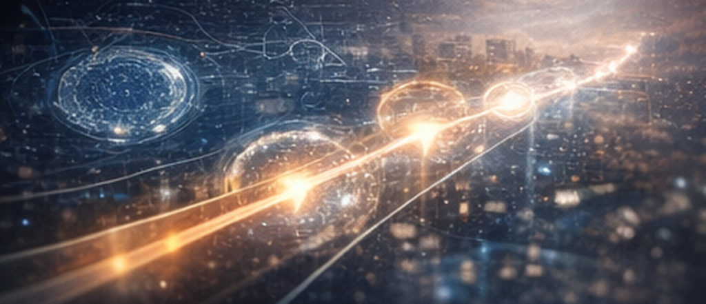 ドル円の今後の見通しを10年後までAIで読み解くイメージ。長いタイムラインとAIネットワーク、均衡回帰を示す回転軌道を重ねた横長ビジュアル