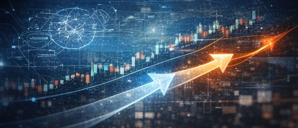 ドル円の今後の見通しを15年後まで整理して考えるイメージ。設計図風の俯瞰レイアウトに人口動態・産業・エネルギーの要素を重ねた横長ビジュアル