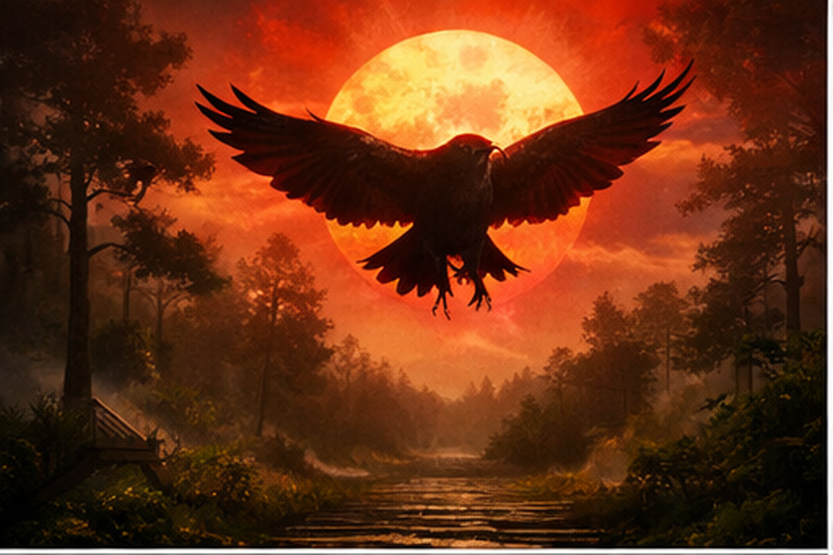 日本の山道に沈む赤い太陽を背景に、翼を広げた黒い烏が飛ぶ神話的な情景（八咫烏と三足烏の関係イメージ）