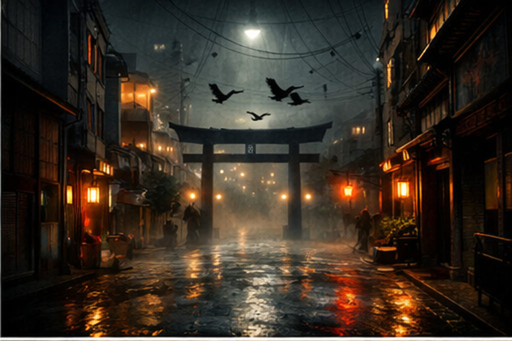 雨上がりの日本の裏路地に鳥居が浮かび、霧の中を黒い烏の群れが飛ぶ夜景(秘密結社の噂が生まれる雰囲気)