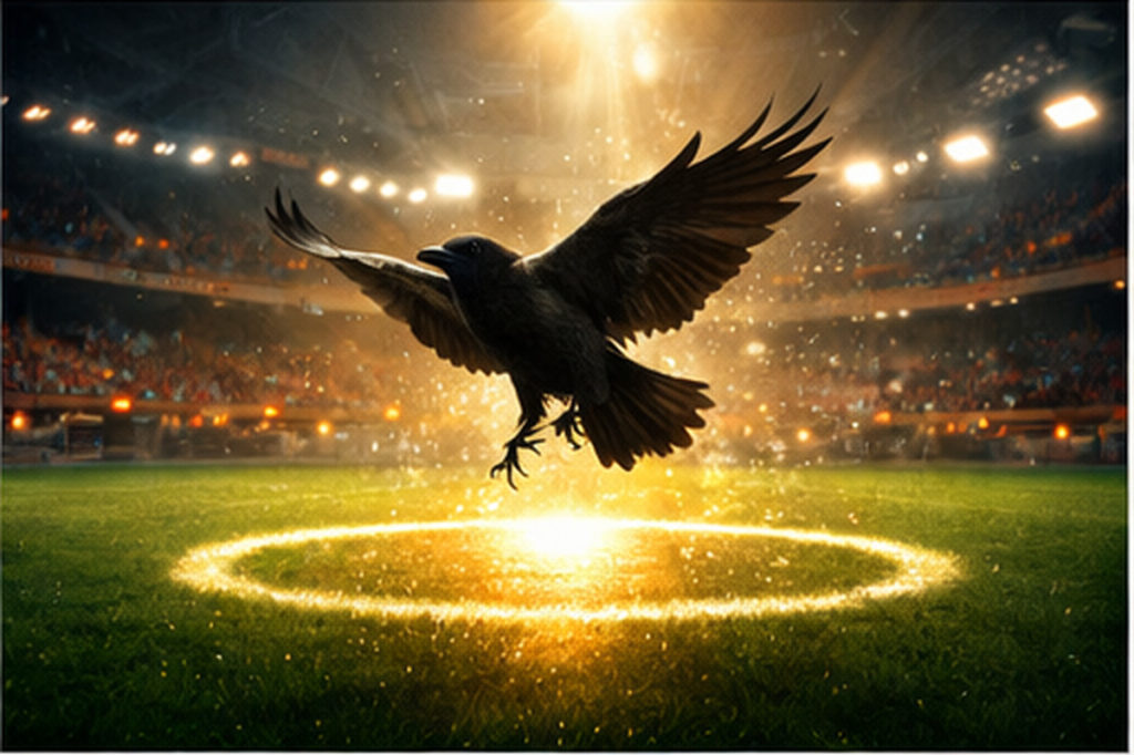 夕方の日本のサッカースタジアムでスポットライトが円形に落ち、黒い烏が芝生から舞い上がる躍動的な情景(八咫烏が強いシンボルになるイメージ)