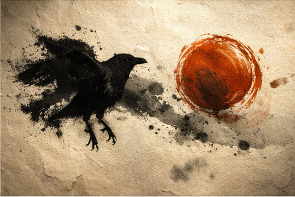 和紙の上に墨のにじみで黒い烏のシルエットと円(日輪)が抽象的に浮かぶ和風アート(言葉の意味と象徴の意味を分けるイメージ)