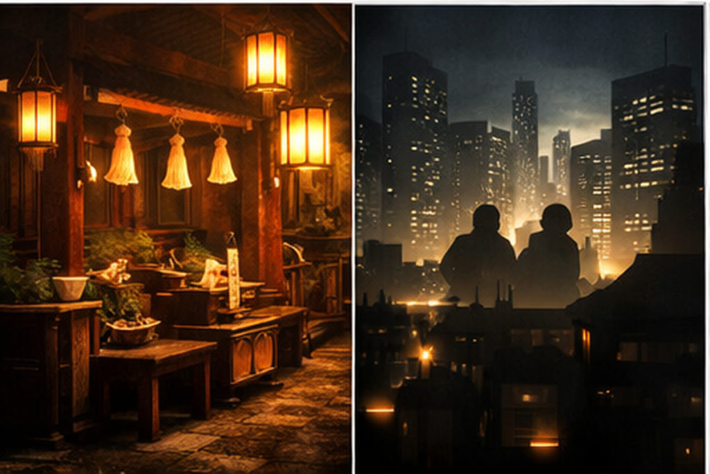 早朝の日本の神社の参道に光の筋が差し、本殿へ導くように黒い烏が飛ぶ清浄な情景(神の使いとしての八咫烏イメージ)