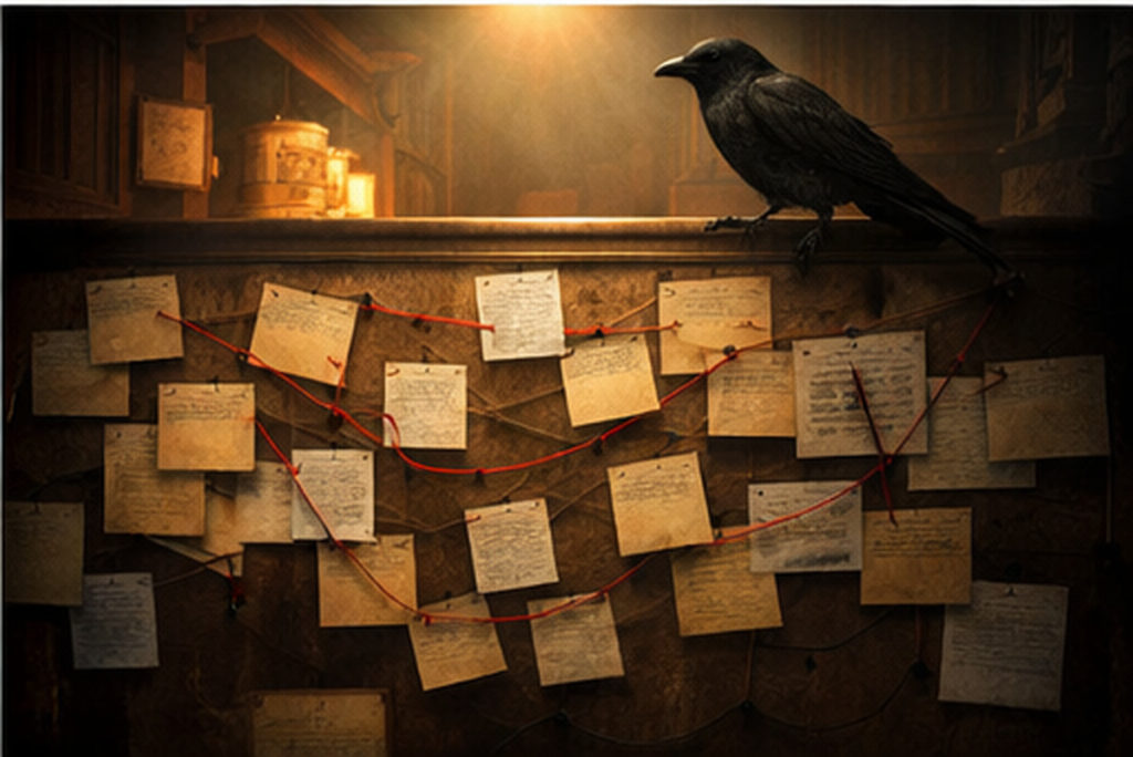 日本の図書館の書架の間で資料が散らばり、赤い糸で結ばれた紙片を黒い烏が見下ろすサスペンス風の情景(名簿が出ない噂が増える構造のイメージ)