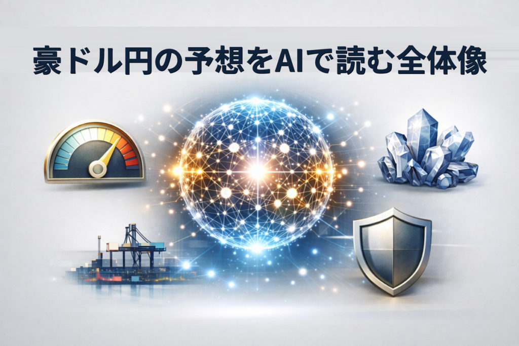 豪ドル円 予想 AIで全体像を整理し、金利・資源・リスク心理・為替の要点を俯瞰するイメージ