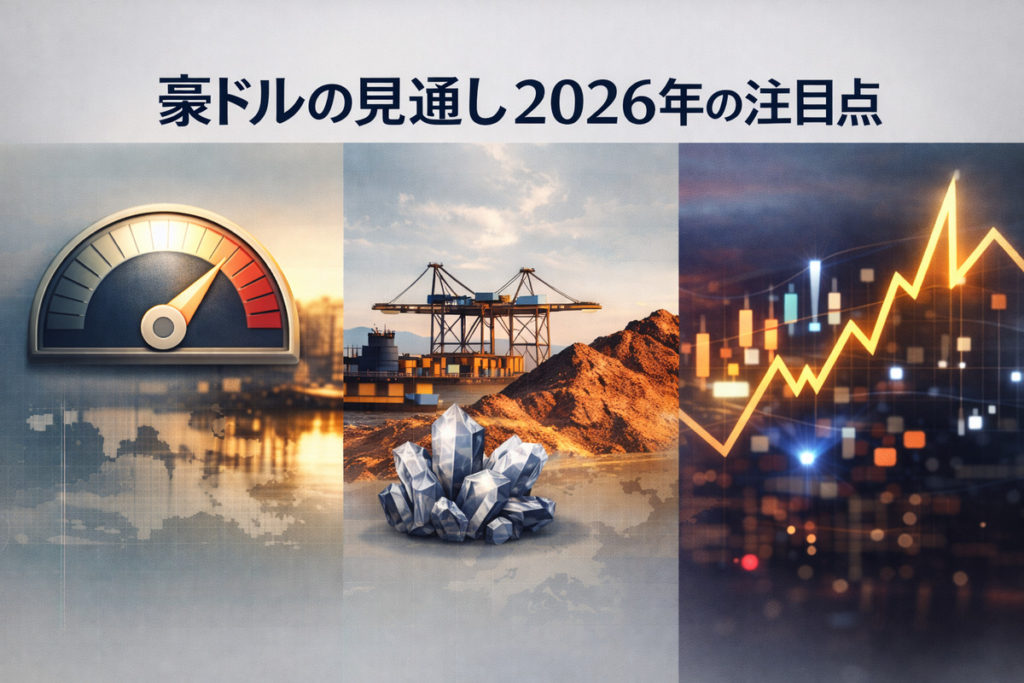 豪ドル円 予想 AIの視点で、2026年の注目点となる金利差・資源価格・リスク心理を整理したイメージ