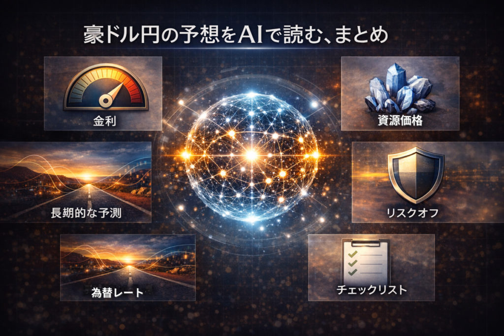 豪ドル円 予想 AIの要点をまとめ、金利差・資源・リスク心理・為替レートと長期視点のチェック項目を整理したイメージ