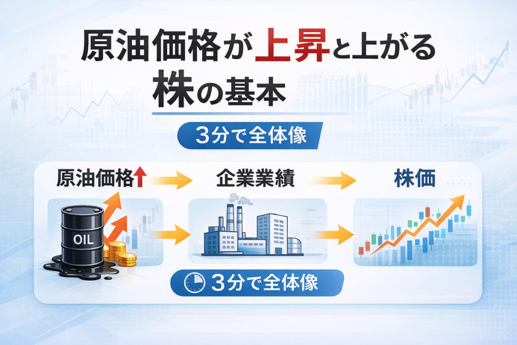 原油価格が上がると上がる株の基本を、原油価格上昇から企業業績、株価までの流れで示した図解