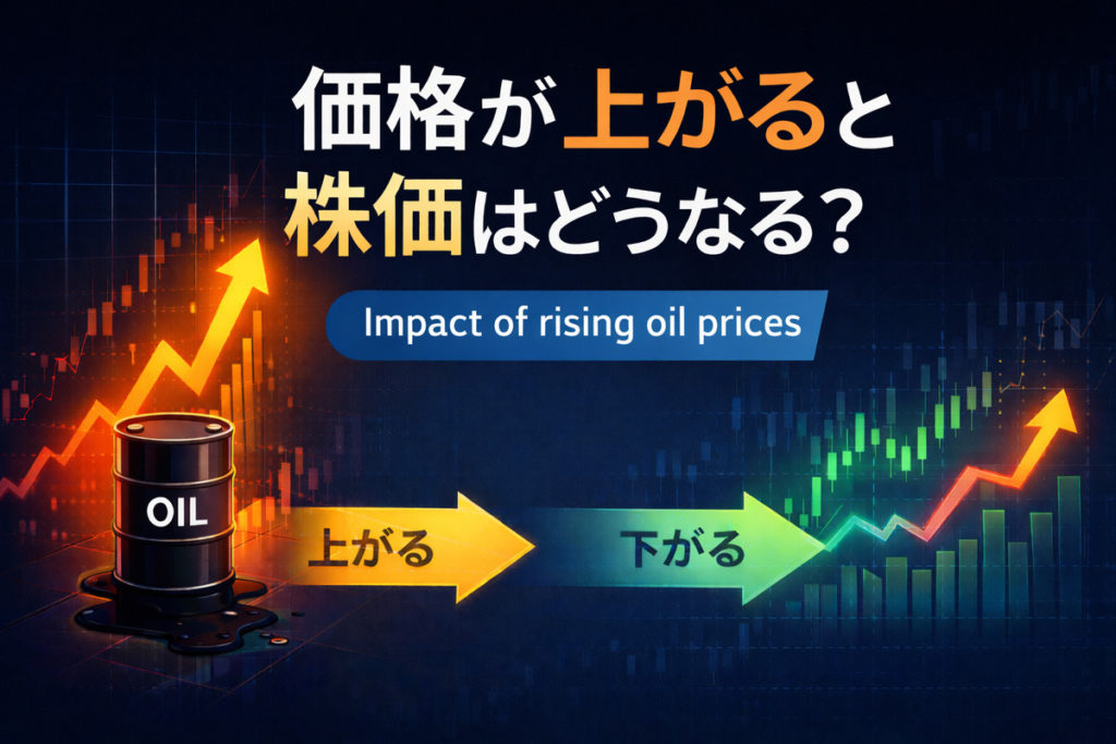 原油価格の上昇で株価が上がる場合と下がる場合が分かれるイメージを、分岐するチャートで示した図解
