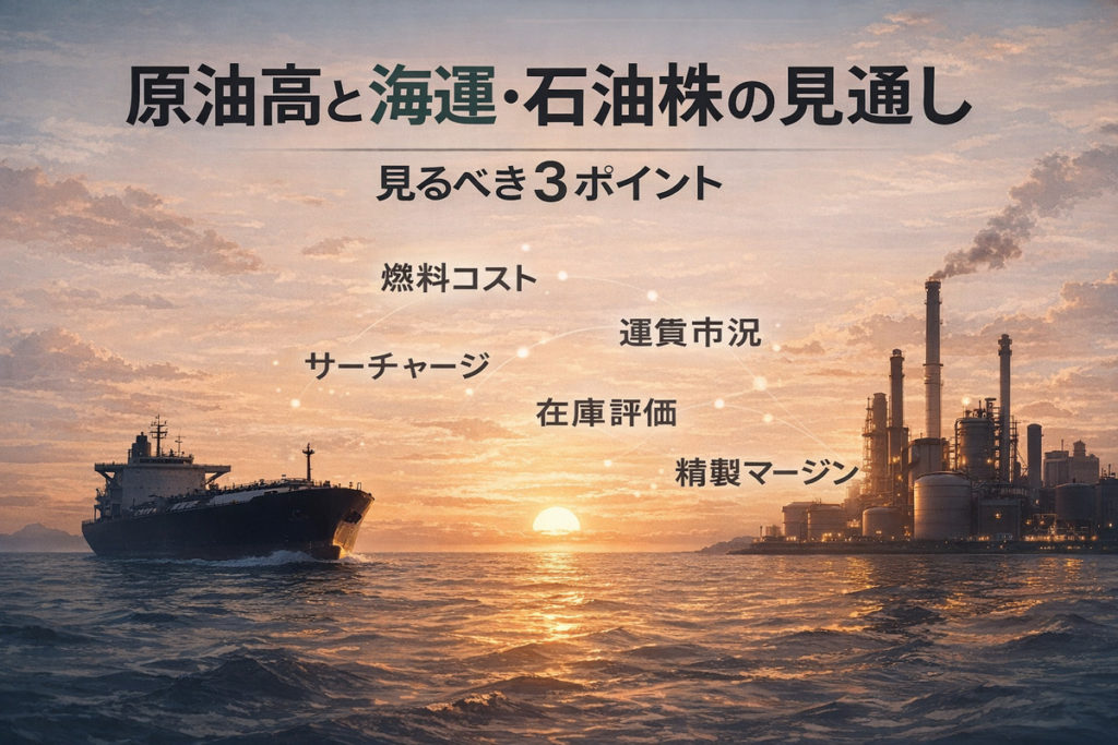 原油高局面での海運株と石油関連株の見通しを、燃料コスト・サーチャージ・運賃市況・在庫評価・精製マージンの観点で比較した図解