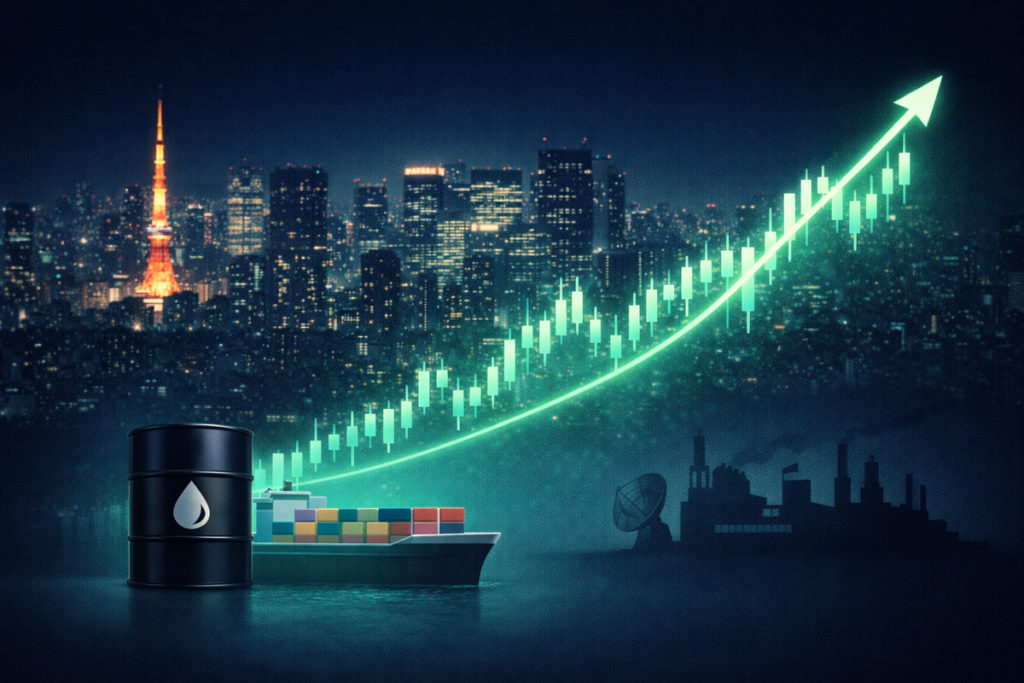 株価が上がりやすい日本の銘柄を示すイメージ。日本市場を背景に、防衛・エネルギー・海運などテーマ株の連想を表現